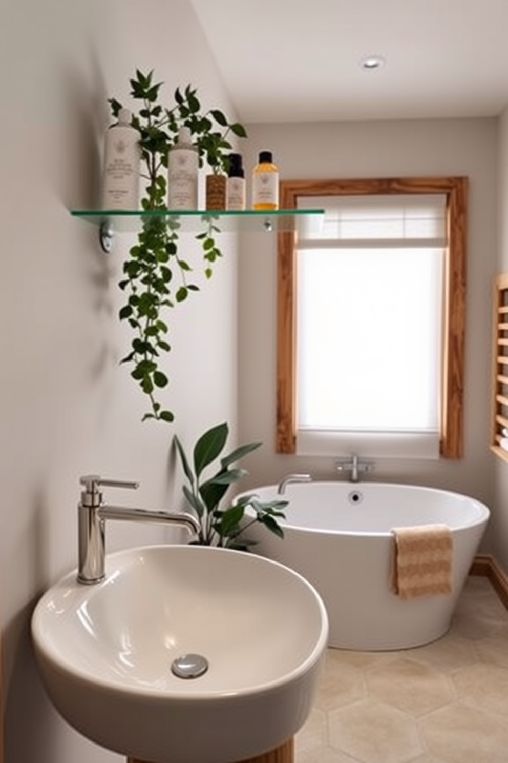 Luxury bath products displayed elegantly on a sleek glass shelf. The shelf is positioned above a contemporary sink with a brushed nickel faucet, surrounded by calming neutral tones. Small spa bathroom design ideas incorporate natural elements and soft lighting. A freestanding soaking tub sits in the corner, complemented by lush greenery and warm wooden accents.