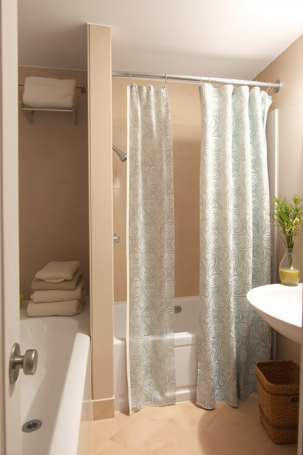 A small spa bathroom designed for tranquility features soft neutral tones throughout the space. The walls are adorned with calming artwork that evokes a sense of serenity and relaxation. A freestanding soaking tub sits in the corner, surrounded by lush greenery and soft lighting. Natural wood elements are incorporated through a floating vanity with a stone sink, creating a soothing atmosphere.