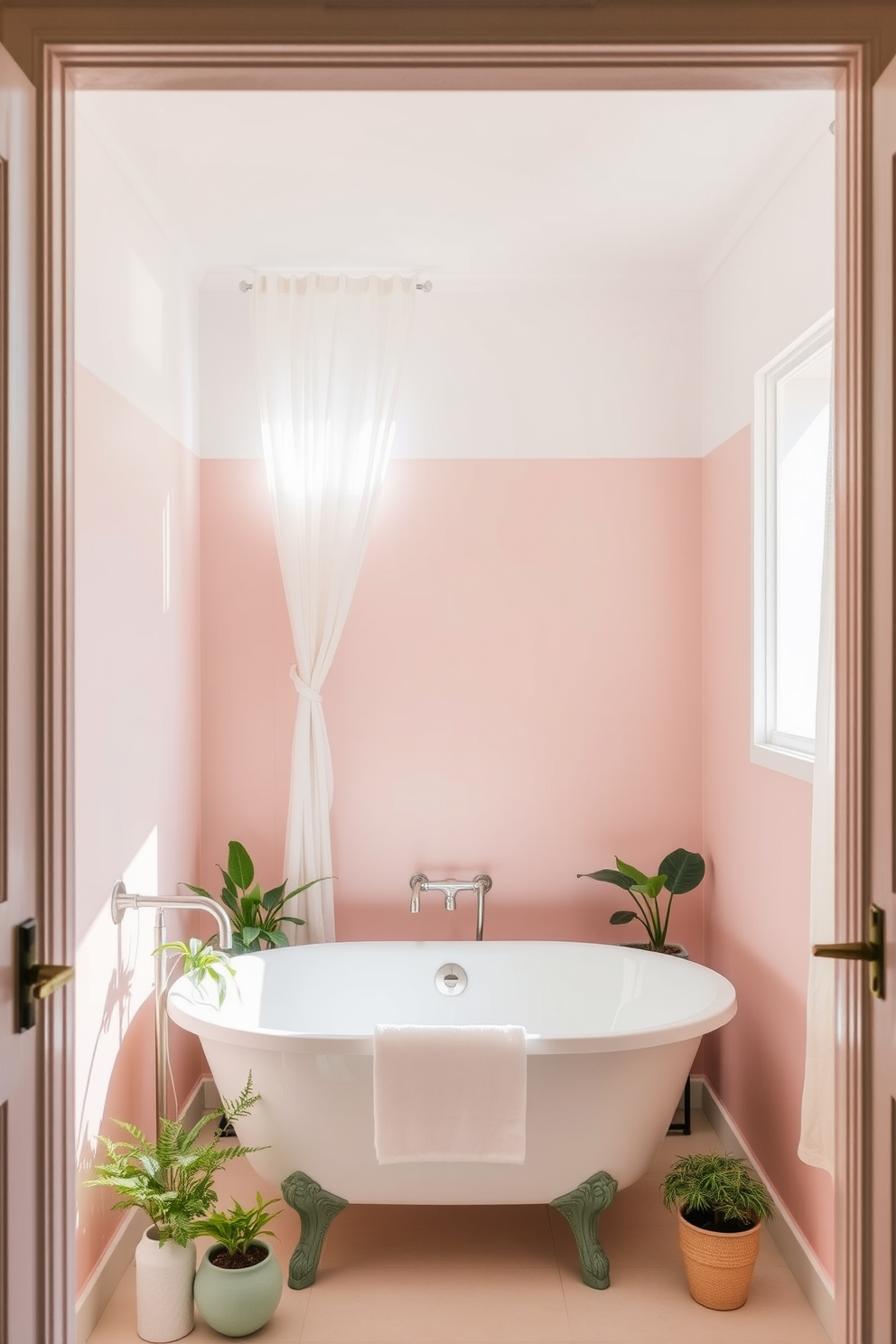 Soft pastel colors create a calming effect in a small spa bathroom. The walls are painted in a soft blush pink, complemented by light mint green accents throughout the space. A freestanding soaking tub sits elegantly in one corner, surrounded by delicate potted plants. Natural light filters in through sheer curtains, enhancing the serene atmosphere with a touch of warmth.