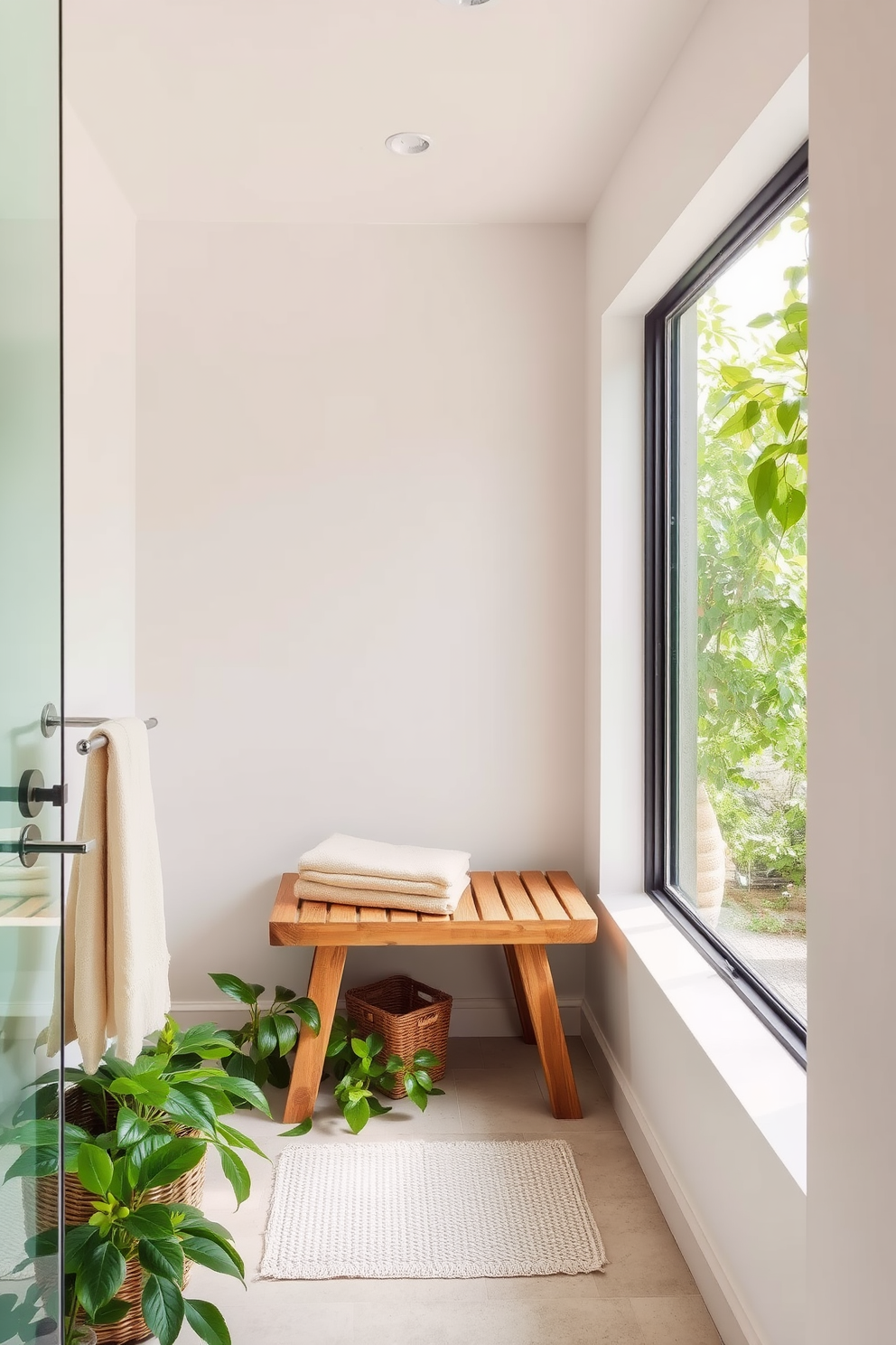 A small spa bathroom design featuring a cozy bench made of natural wood positioned near a large window. The space is adorned with soft, neutral colors and lush greenery, creating a serene and inviting atmosphere.