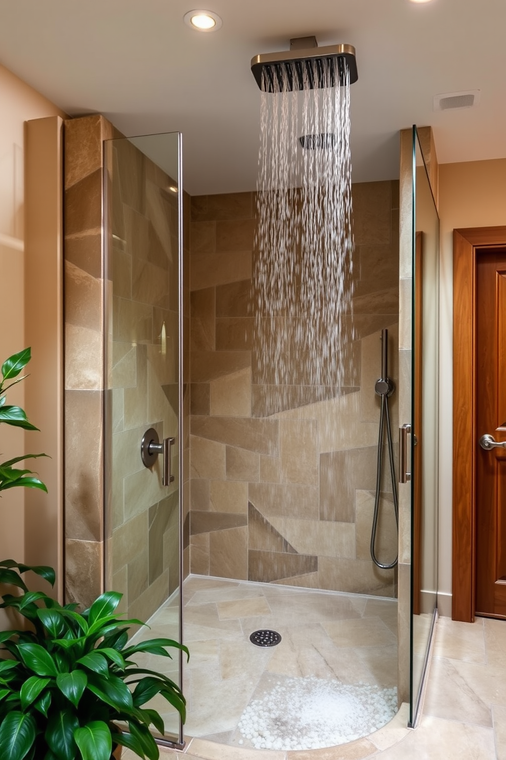 A serene spa bathroom featuring a natural stone shower with a luxurious rain feature. The walls are adorned with soft earth tones, creating a calming atmosphere complemented by wooden accents and lush greenery.