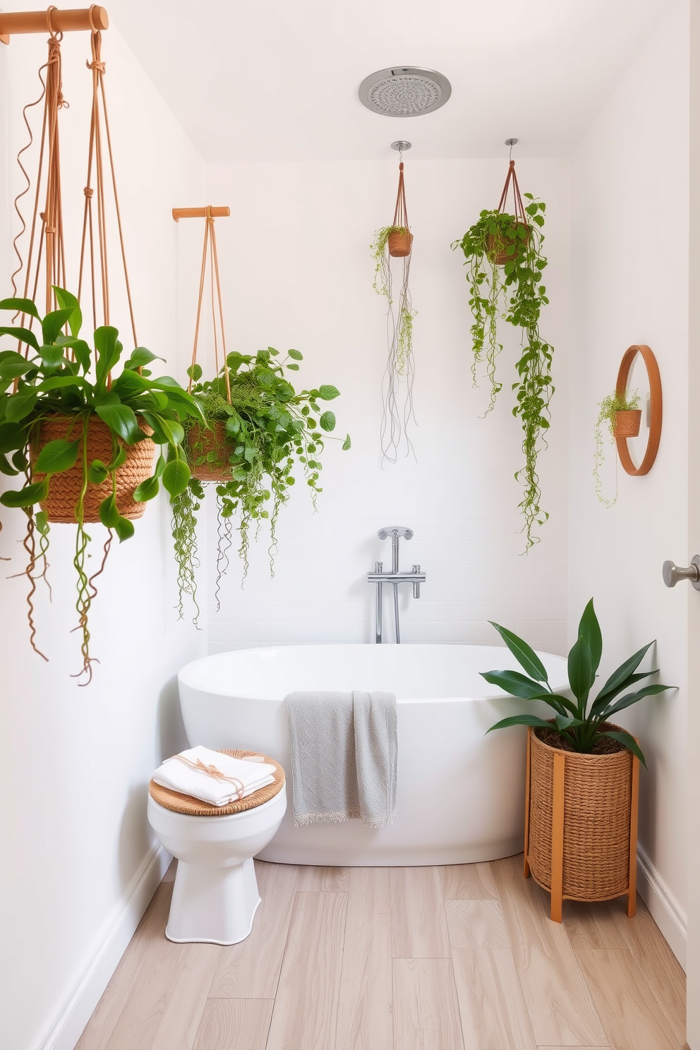 A small spa bathroom with hanging plants that bring a touch of nature indoors. The walls are painted in soft white, and the floor is covered in light wood tiles, creating a serene atmosphere.