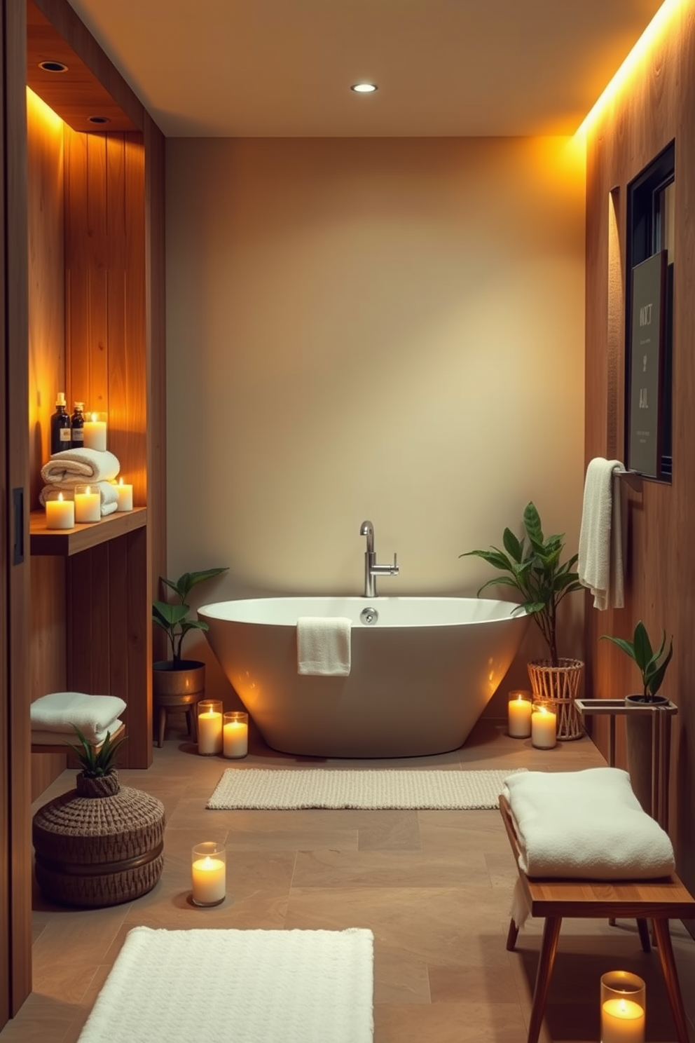 A serene spa bathroom featuring a luxurious rain showerhead installed above a spacious walk-in shower. The walls are adorned with soft, calming colors and natural stone accents, creating a tranquil atmosphere. Incorporate a freestanding soaking tub positioned near a large window that invites natural light. Add plush towels and greenery to enhance the spa-like ambiance and promote relaxation.