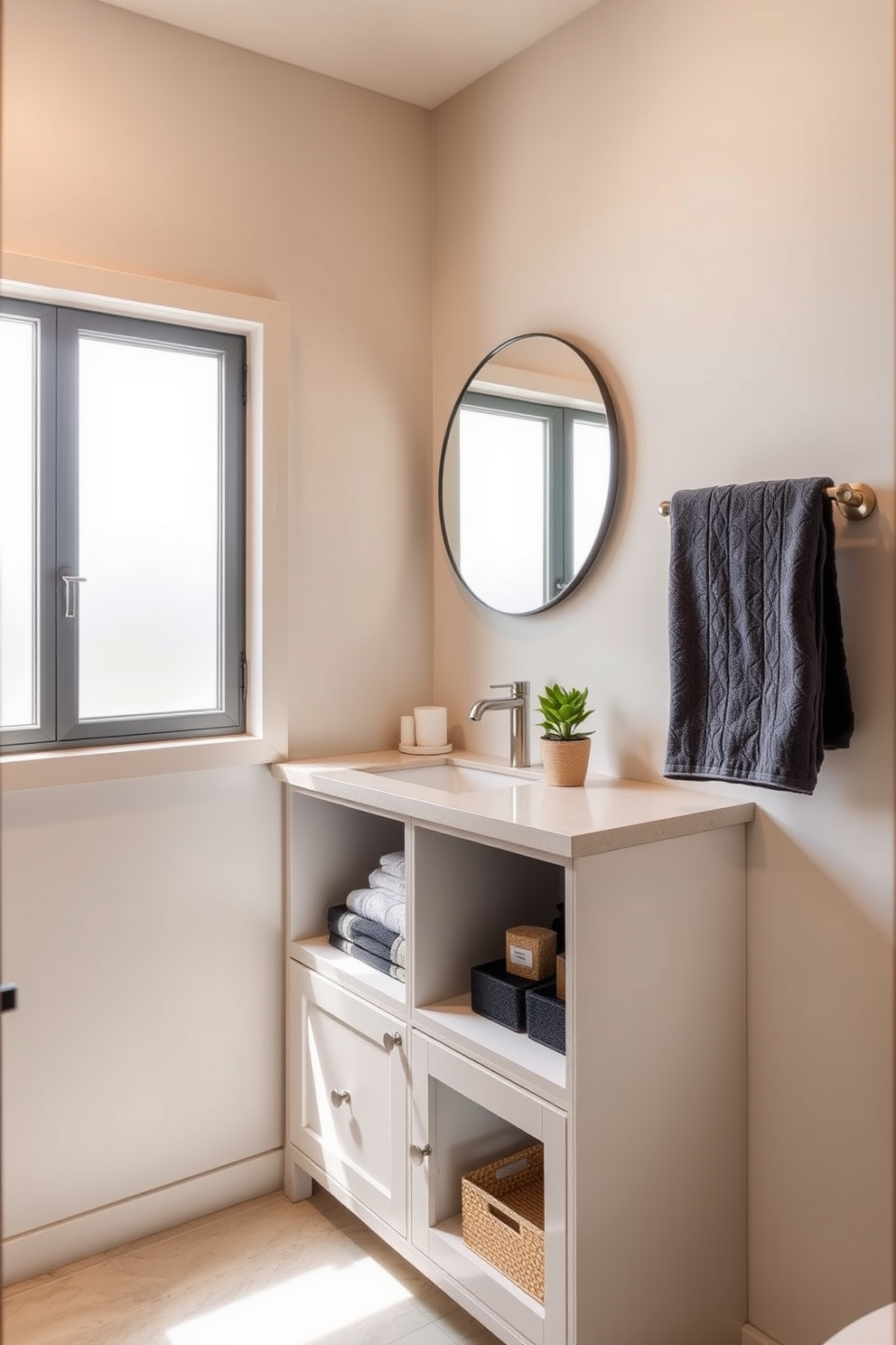 A compact vanity with open shelving features a sleek design in a small spa bathroom. The walls are adorned with soft beige tones, and natural light filters through a frosted window, creating a serene atmosphere. The open shelving displays neatly arranged towels and decorative items, while a small potted plant adds a touch of greenery. A round mirror above the vanity enhances the space, reflecting the calming ambiance of the bathroom.