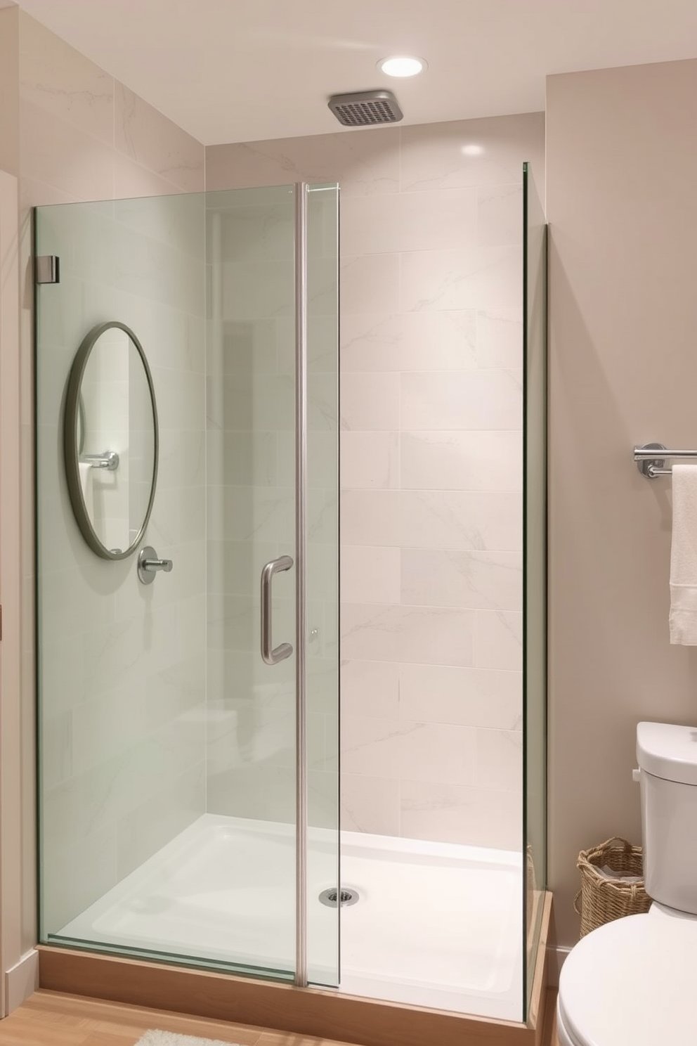 A glass shower enclosure enhances the spacious feel of the small spa bathroom. The design features calming neutral tones, with natural wood accents and soft lighting to create a serene atmosphere.