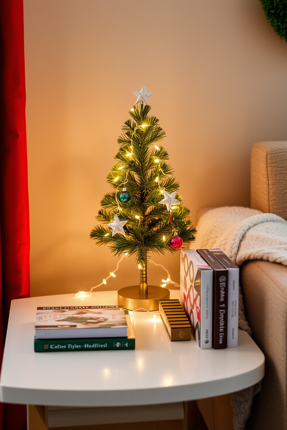 A charming mini Christmas tree is elegantly placed on a stylish side table adorned with twinkling fairy lights. Surrounding the tree are festive decorations including small ornaments and a cozy candle, creating a warm holiday atmosphere. The side table is complemented by a plush throw blanket draped over one side, enhancing the inviting feel of the space. Nearby, a few carefully arranged holiday-themed books add a personal touch to this small space Christmas decorating idea.