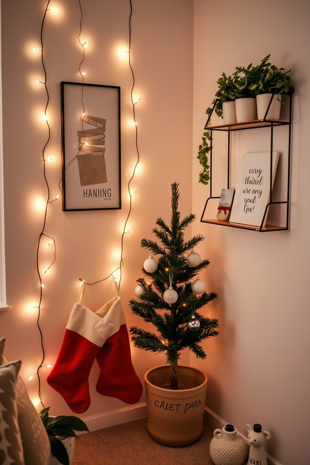 Create a cozy small space decorated for Christmas. Twinkle lights are delicately wrapped around indoor plants, adding a warm glow to the festive atmosphere. A small evergreen tree is placed in the corner, adorned with minimalist ornaments. Stockings hang from a stylish wall-mounted shelf, complementing the overall holiday decor.