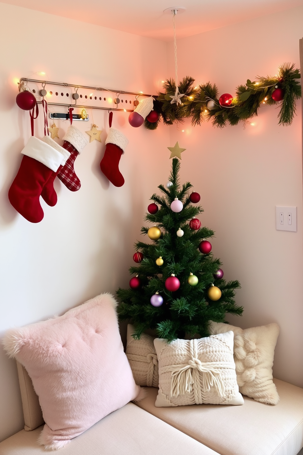 A cozy small living area adorned with a peg rail for hanging festive decorations. The peg rail is decorated with string lights, stockings, and small ornaments, creating a warm holiday atmosphere. A compact tree sits in the corner, decorated with colorful baubles and a star on top. Plush cushions in seasonal colors are arranged on a small sofa, enhancing the cheerful ambiance.