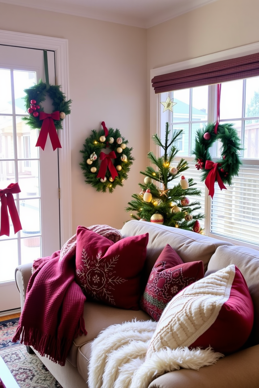 A cozy living room adorned for the holidays. There are festive wreaths hanging on the front door and windows, adding a touch of seasonal charm to the space. The room features a small tree decorated with twinkling lights and ornaments in a corner. Plush throws and pillows in holiday colors are arranged on the sofa, creating an inviting atmosphere.