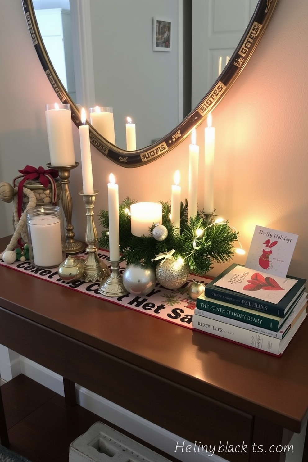 Create a cozy holiday vignette on a console table. The table is adorned with a festive runner, and a collection of decorative candles in varying heights are arranged alongside a small evergreen arrangement. Incorporate a few carefully chosen ornaments and a string of fairy lights to add warmth. A stack of holiday-themed books and a seasonal greeting card complete the inviting display, making the small space feel festive and welcoming.