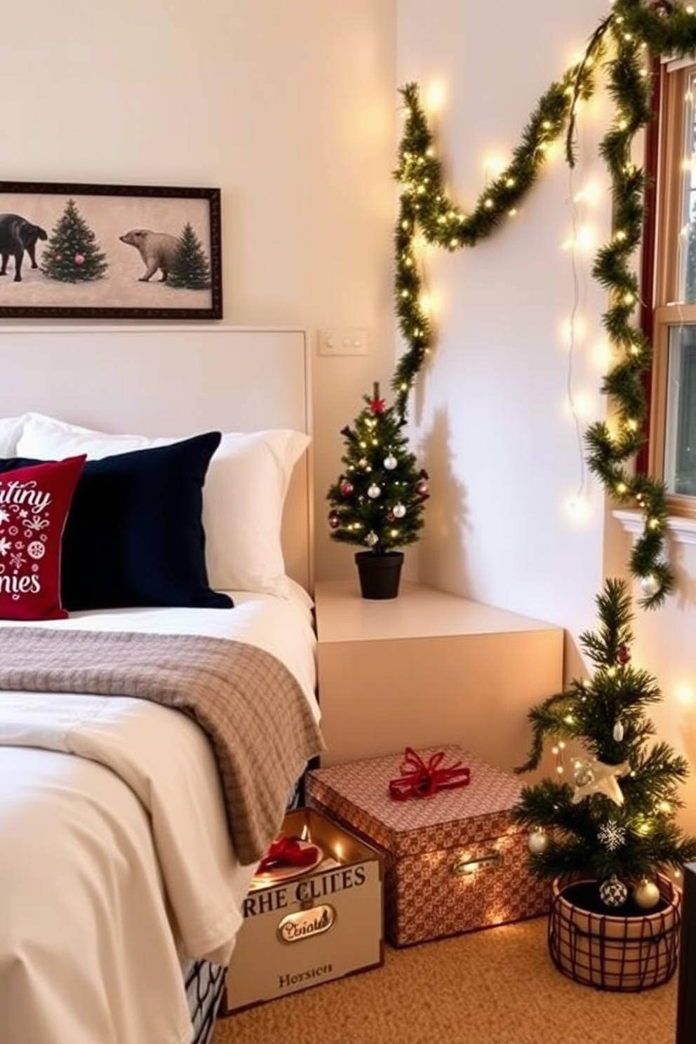 Create a cozy bedroom setting that maximizes under-bed storage for decorations. The space features a neatly made bed with festive throw pillows and a soft blanket, while decorative boxes are tucked away under the bed, showcasing holiday ornaments and lights. Incorporate small space Christmas decorating ideas that bring warmth and cheer. Use a small tree adorned with twinkling lights in the corner, and hang garlands on the walls, complemented by string lights that create a magical atmosphere.