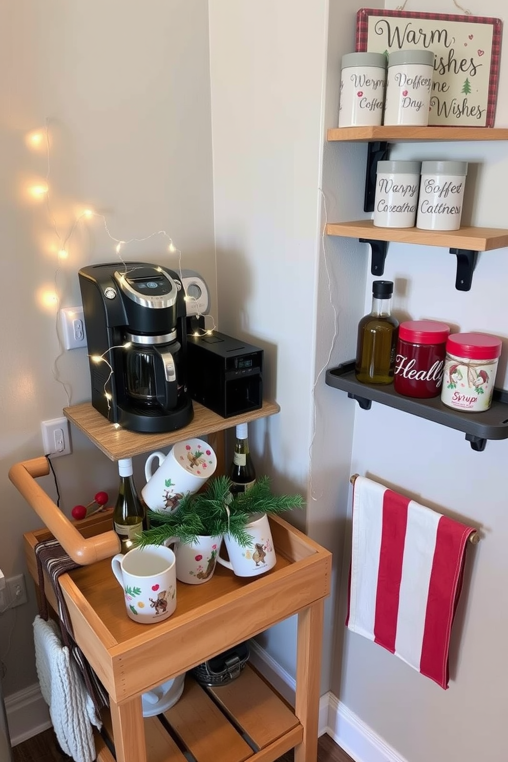 A cozy holiday-themed coffee station is set up in a small corner of the kitchen. A wooden cart holds a coffee maker, festive mugs, and a selection of flavored syrups, adorned with twinkling string lights. The cart is decorated with a small evergreen arrangement and a few ornaments for a festive touch. Nearby, a wall-mounted shelf displays holiday-themed coffee canisters and a cheerful sign that reads 'Warm Wishes'.