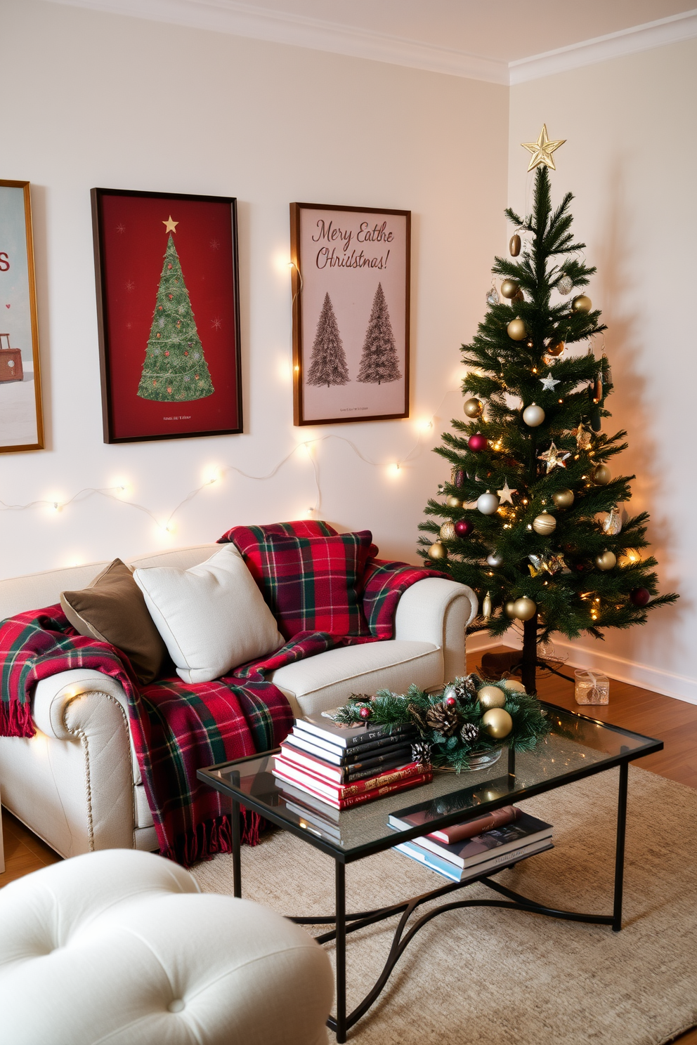 A cozy living room adorned with festive artwork on the walls creates a warm holiday atmosphere. The space features a compact sofa draped with a red and green plaid throw, surrounded by twinkling fairy lights. A small coffee table holds a collection of holiday-themed books and a decorative centerpiece filled with pinecones and ornaments. A small tree in the corner is beautifully decorated with delicate ornaments and a soft star on top, enhancing the festive charm.