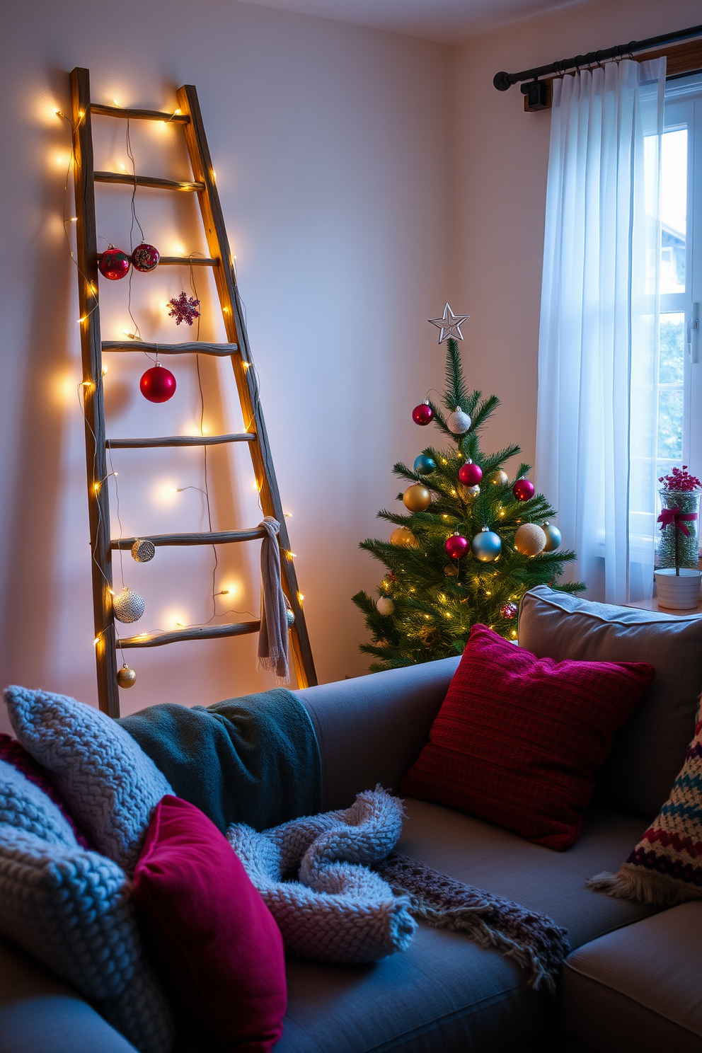 A cozy living room decorated for Christmas. A wooden ladder is propped against the wall, adorned with string lights and festive ornaments, creating a charming display of holiday decorations. The space features a small tree in the corner, decorated with colorful baubles and topped with a star. Plush throw blankets and pillows in seasonal colors add warmth and comfort to the inviting atmosphere.