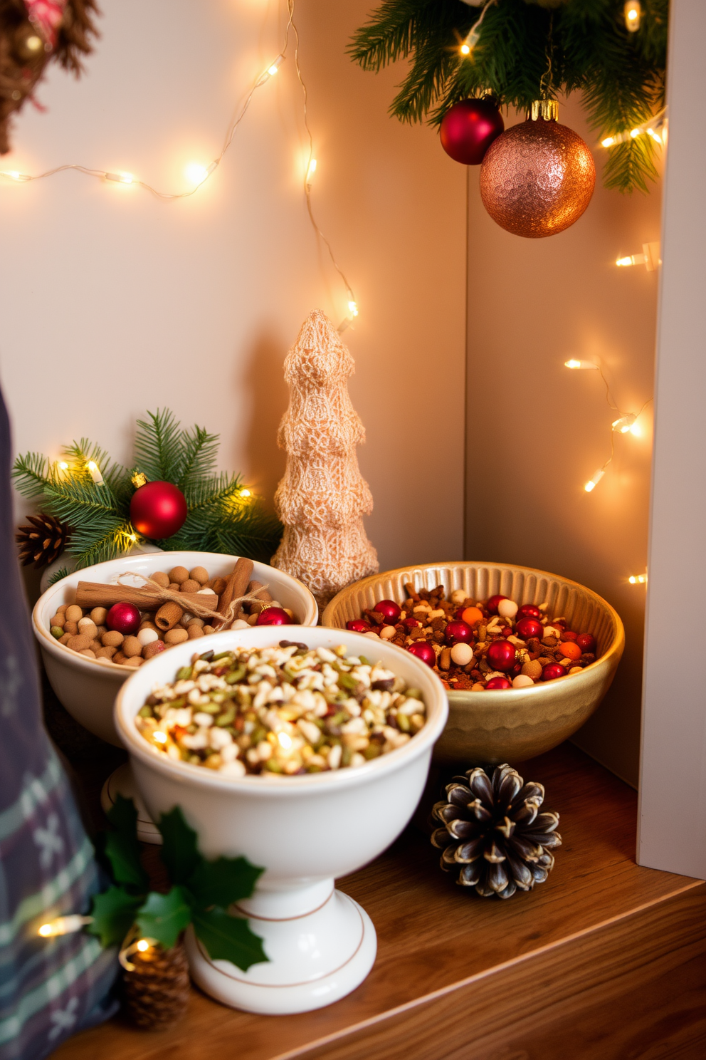 Create a charming holiday vignette on a console table adorned with festive decorations. Incorporate a mix of greenery, twinkling lights, and seasonal ornaments to evoke a warm and inviting atmosphere. Position a decorative tray filled with candles and small holiday figurines at the center of the console. Add a cozy throw blanket draped over one side to enhance the festive spirit and provide a touch of comfort.