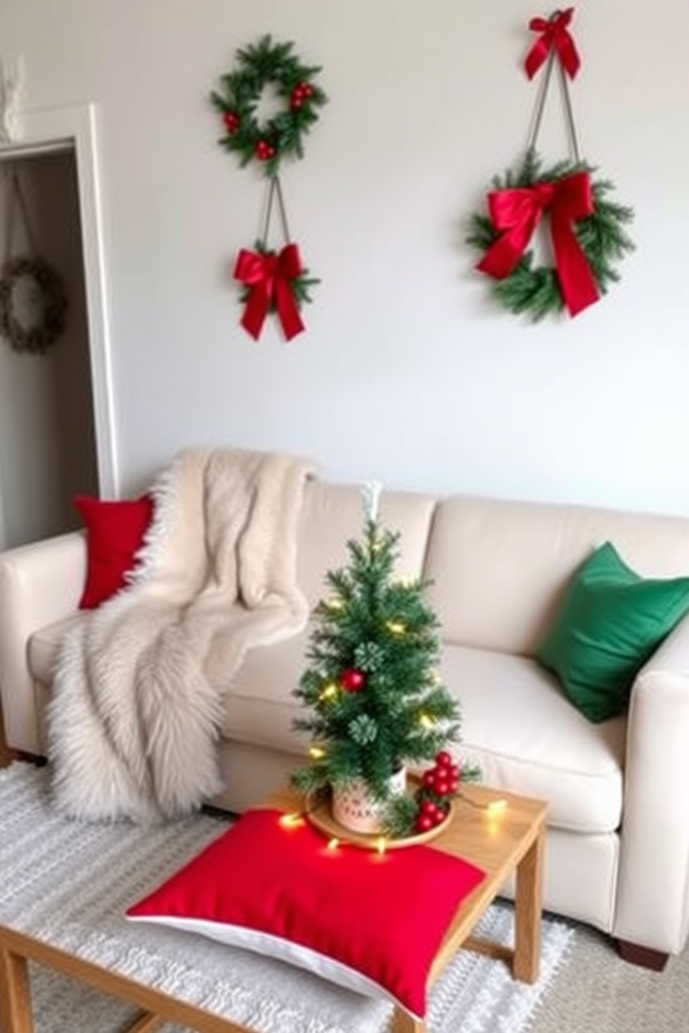 A cozy living room adorned with holiday cheer. A festive banner hangs across the room, adding a touch of joy to the small space. The walls are decorated with twinkling fairy lights that complement a small Christmas tree in the corner. A plush throw blanket drapes over a compact sofa, inviting warmth and comfort.