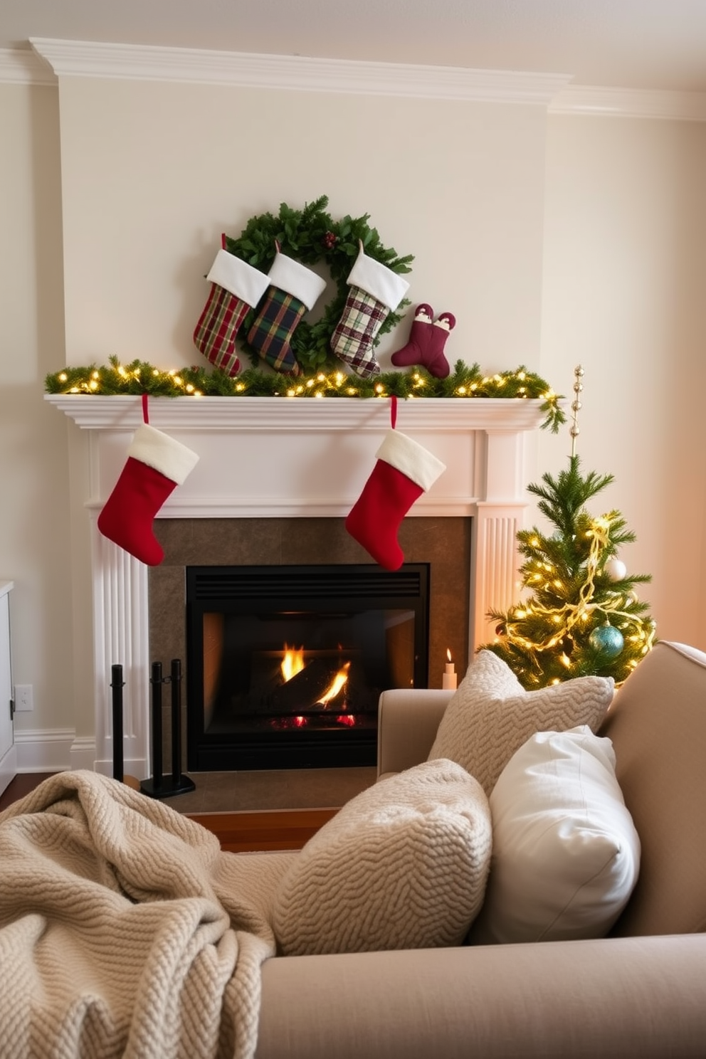 A cozy living room setting with a classic fireplace as the focal point. Above the mantel, festive stockings are hung with care, each adorned with unique patterns and textures. The room is decorated with a small Christmas tree in the corner, twinkling lights reflecting off the walls. Soft throw blankets and plush pillows are arranged on the sofa, creating an inviting atmosphere for the holiday season.