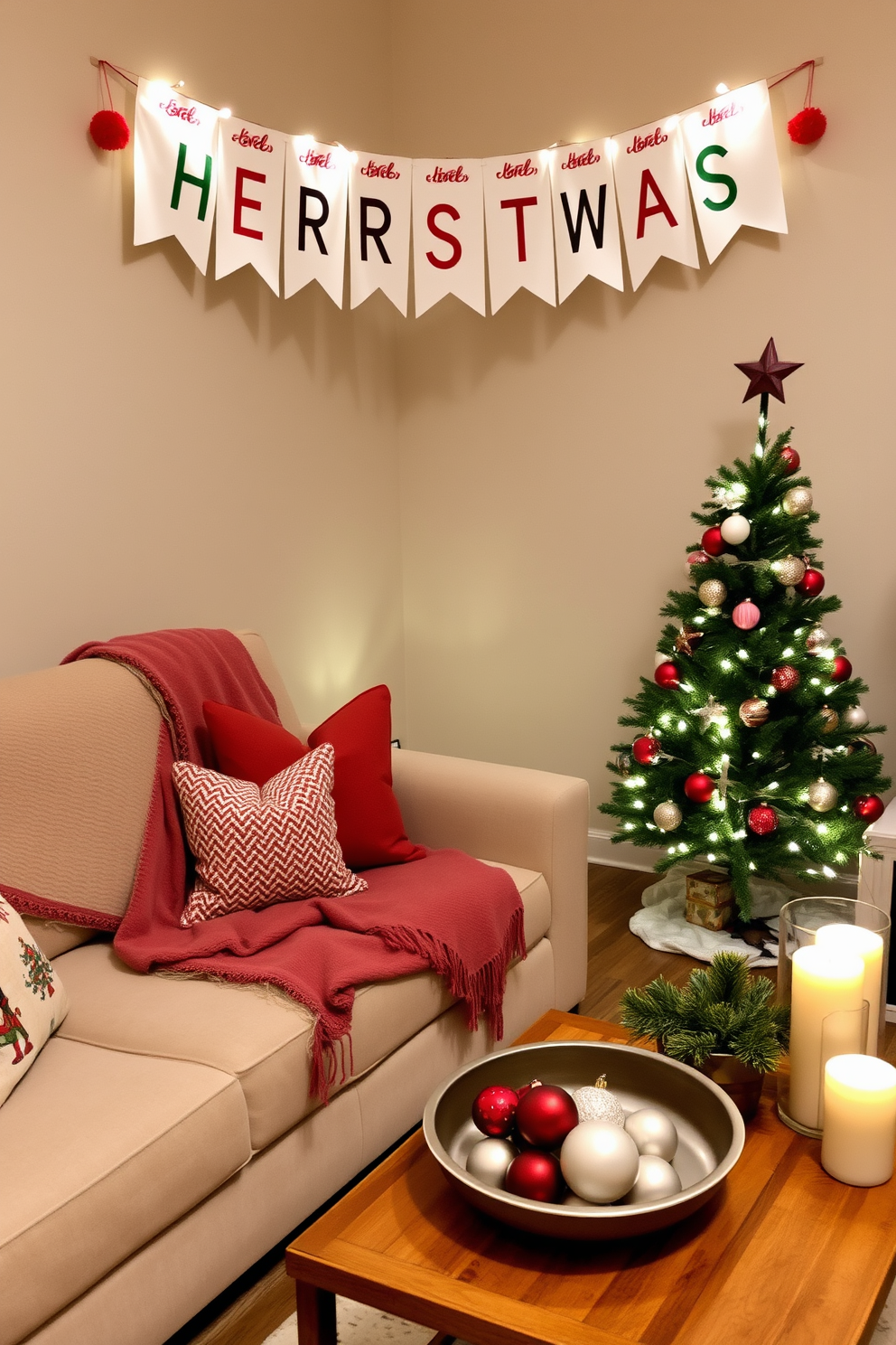 A cozy living room adorned with a festive banner hanging on the wall. The space features a small Christmas tree in the corner, decorated with twinkling lights and colorful ornaments. A plush sofa is draped with a warm throw blanket, and a few decorative pillows add a pop of color. A coffee table is set with holiday-themed decor, including candles and a bowl of ornaments.