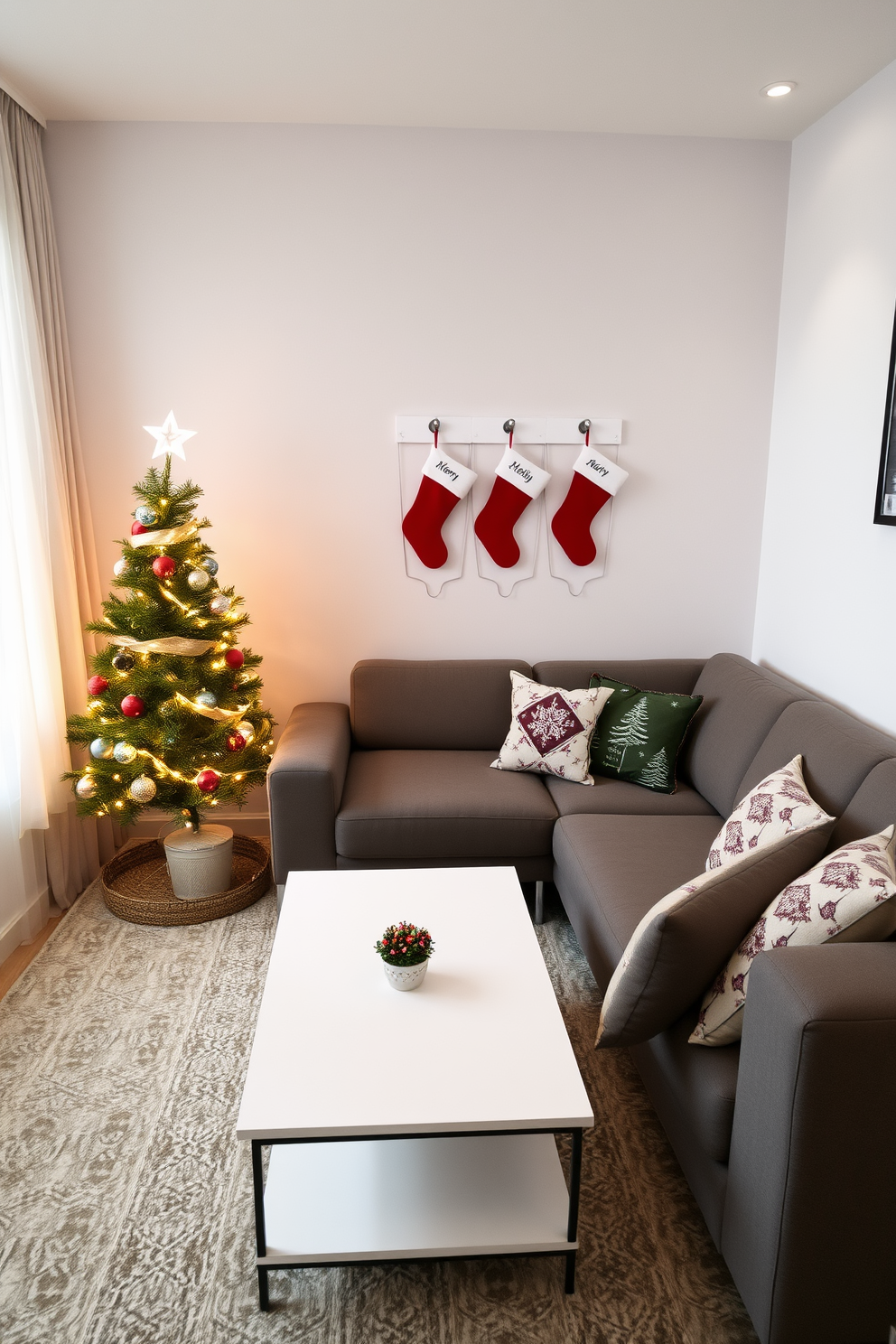 A cozy living room adorned for the holidays. The space features a sleek sofa that doubles as a bed, complemented by a stylish coffee table that can be expanded for extra seating during festive gatherings. A small Christmas tree sits in the corner, decorated with twinkling lights and colorful ornaments. Stockings are hung on a minimalist wall shelf, and decorative pillows in holiday patterns add a festive touch to the sofa.