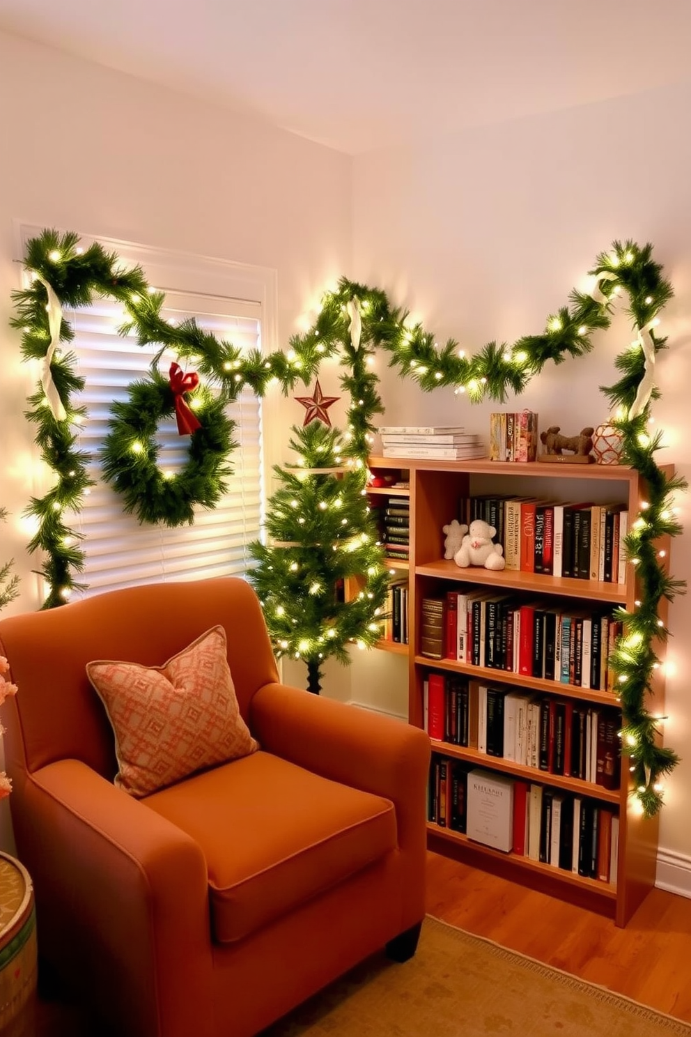 Display holiday books on a well-organized shelf made of dark wood. The shelf should be adorned with festive decorations such as small ornaments and pinecones to enhance the holiday spirit. Incorporate small space Christmas decorating ideas by using a compact tree in the corner. Surround it with cozy blankets and a few carefully placed decorative items to create a warm and inviting atmosphere.