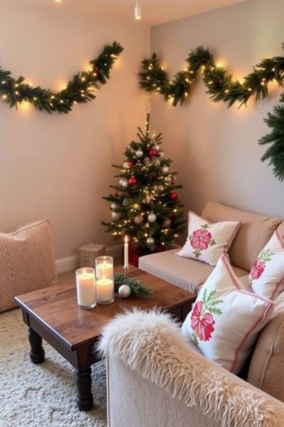 Create a cozy and inviting small space decorated for Christmas. Incorporate holiday scents with candles placed on a wooden coffee table surrounded by plush seating. Adorn the walls with festive garlands and hang twinkling string lights to enhance the atmosphere. Use a small tree decorated with ornaments in a corner, complemented by decorative pillows with holiday motifs.