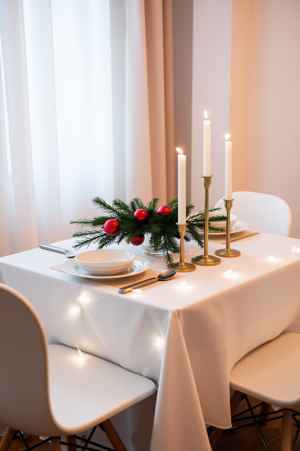 A small dining table is elegantly set with a crisp white tablecloth and minimalistic tableware. A centerpiece of fresh pine branches and a few red ornaments adds a festive touch without overwhelming the space. Soft fairy lights are draped gracefully around the table's edge, creating a warm and inviting atmosphere. Simple white candles in varying heights are placed strategically to enhance the cozy holiday vibe.