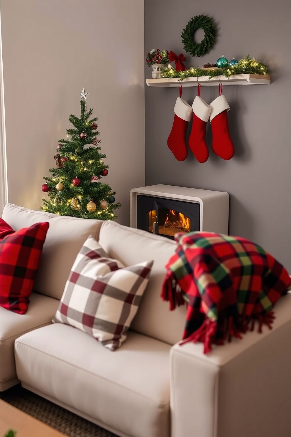 Create a cozy living room decorated for Christmas with seasonal colors in the textiles. The sofa is adorned with red and green throw pillows, and a festive plaid blanket is draped over the armrest. A small Christmas tree sits in the corner, decorated with twinkling white lights and colorful ornaments. Stockings hang from a minimalist shelf above a compact fireplace, adding a warm and inviting touch to the space.