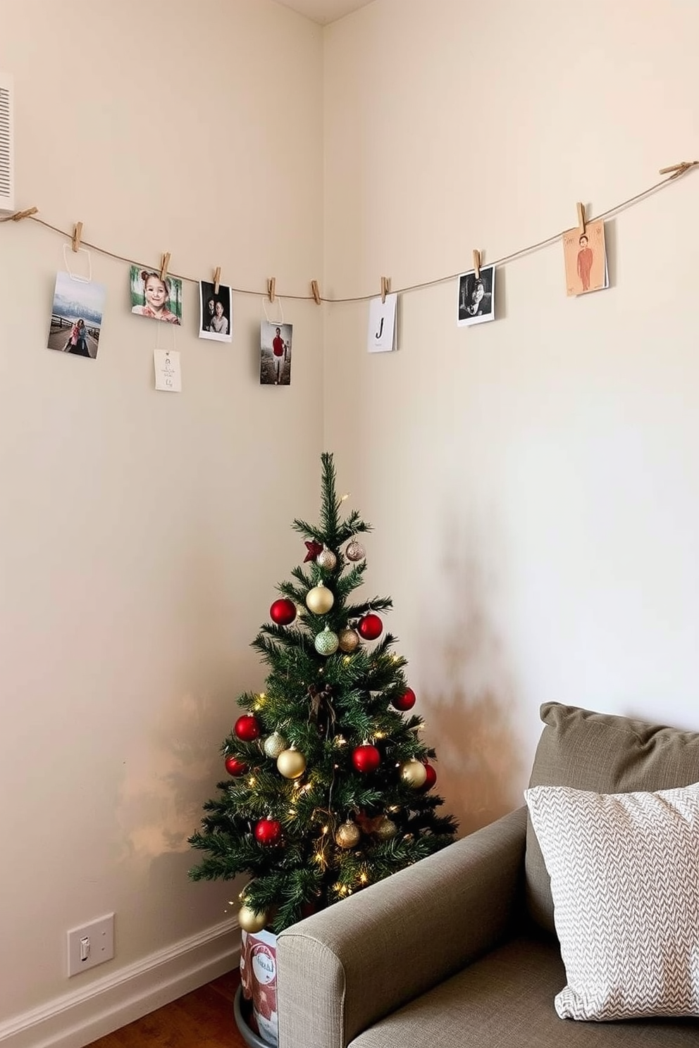 A cozy living room adorned with holiday-themed artwork featuring festive scenes. The space is filled with a small, elegantly decorated Christmas tree, and colorful ornaments hang from the ceiling to enhance the festive atmosphere. A plush sofa is adorned with throw pillows in seasonal colors, and a soft, warm blanket is draped over the armrest. Twinkling fairy lights are wrapped around the window frames, creating a warm glow that invites holiday cheer.