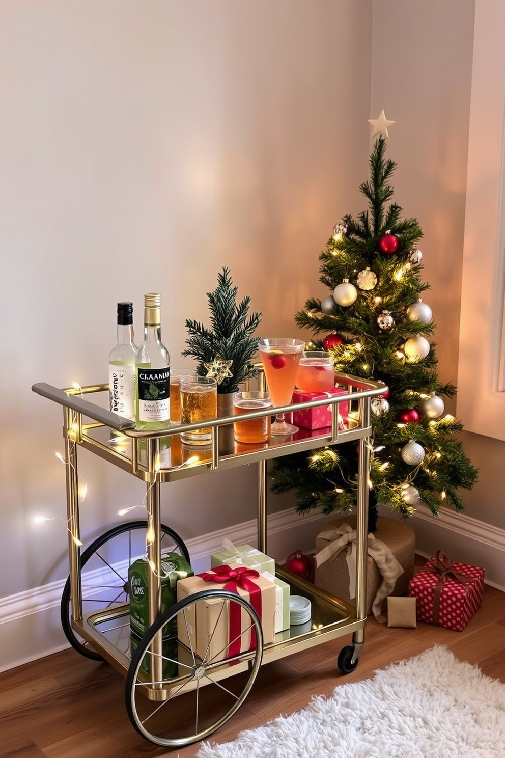 A small, stylish cart is adorned with an array of festive drinks, including sparkling water, holiday-themed cocktails, and seasonal garnishes. The cart is decorated with twinkling fairy lights and a small evergreen centerpiece, creating a cheerful atmosphere. In a cozy corner, a compact Christmas tree is beautifully decorated with ornaments and a star on top. Surrounding the tree, a few wrapped gifts and a plush rug add warmth to the space, making it inviting for holiday gatherings.