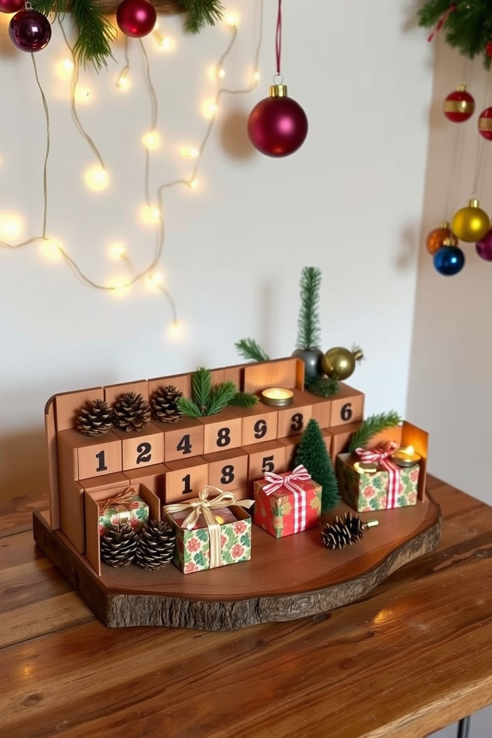 A cozy living room decorated for Christmas. A decorative bowl filled with ornaments sits on a wooden coffee table, surrounded by twinkling fairy lights and festive candles. The walls are adorned with garlands and stockings, creating a warm holiday atmosphere. A small Christmas tree in the corner is beautifully decorated, adding to the charm of the space.