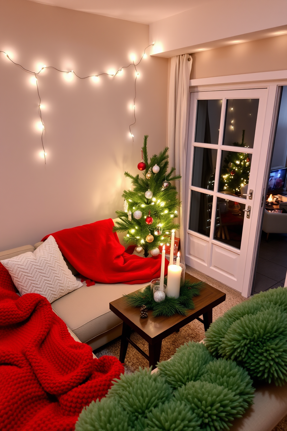 A cozy living room adorned for the holidays. The ceiling is decorated with an array of colorful ornaments hanging from elegant hooks, creating a festive atmosphere. A small tree sits in the corner, draped with twinkling lights and topped with a star. Plush cushions and a warm throw blanket invite relaxation while a scented candle adds a touch of warmth.