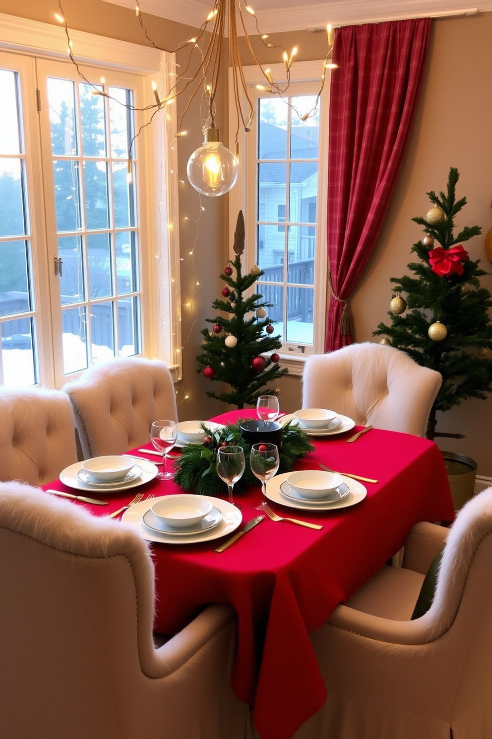 A cozy dining nook adorned with festive dishware for holiday meals. The table is set with a vibrant red tablecloth, featuring elegant white plates and gold cutlery, surrounded by plush chairs with green cushions. Twinkling fairy lights hang above, casting a warm glow over the space. A small evergreen tree sits in the corner, decorated with ornaments that complement the festive color scheme.