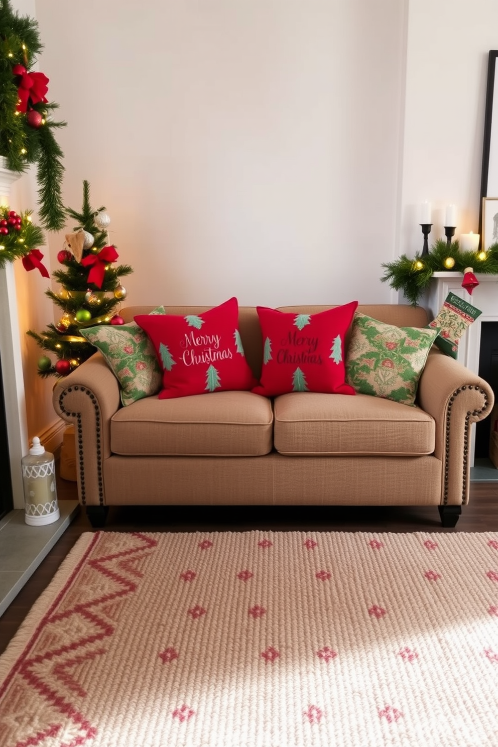 Create a cozy living room scene featuring a small sofa adorned with seasonal throw pillows in vibrant red and green hues. A small Christmas tree is placed in the corner, decorated with twinkling lights and colorful ornaments, while a festive garland drapes over the mantelpiece. In front of the sofa, a textured area rug adds warmth to the space. A few carefully arranged decorative items, such as candles and holiday-themed art, complete the inviting atmosphere.