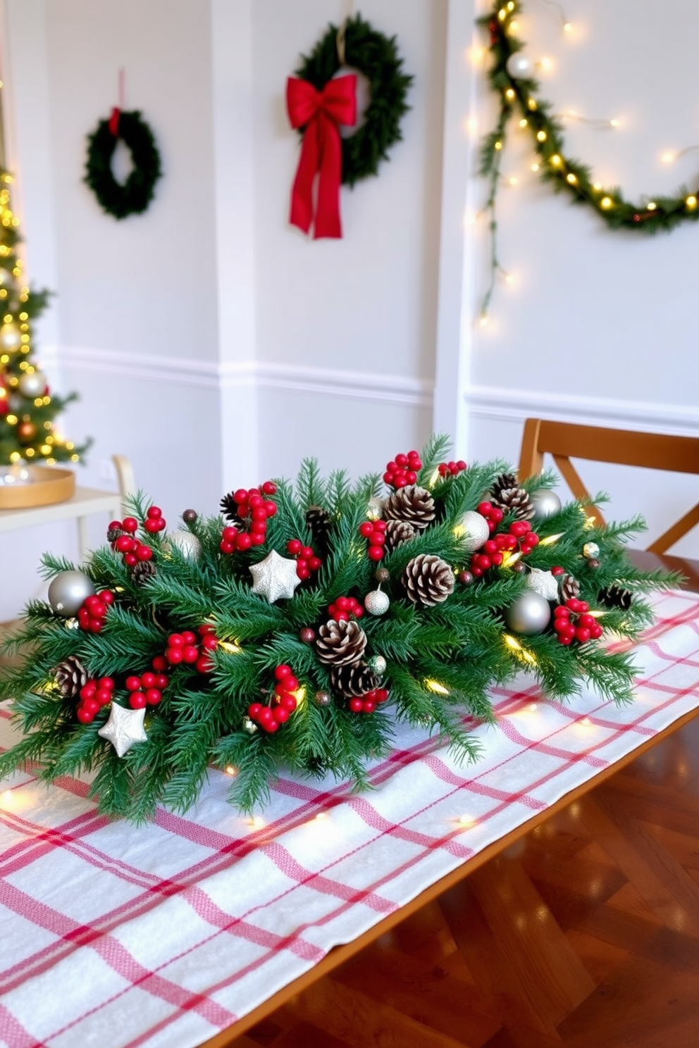 Create a festive centerpiece on the table featuring a mix of evergreen branches, pinecones, and vibrant red berries. Surround the centerpiece with twinkling fairy lights and small decorative ornaments to enhance the holiday spirit. For small space Christmas decorating ideas, use a slim tree adorned with delicate ornaments and a cozy blanket underneath. Incorporate wall-mounted decorations and hanging garlands to maximize the festive atmosphere without taking up floor space.