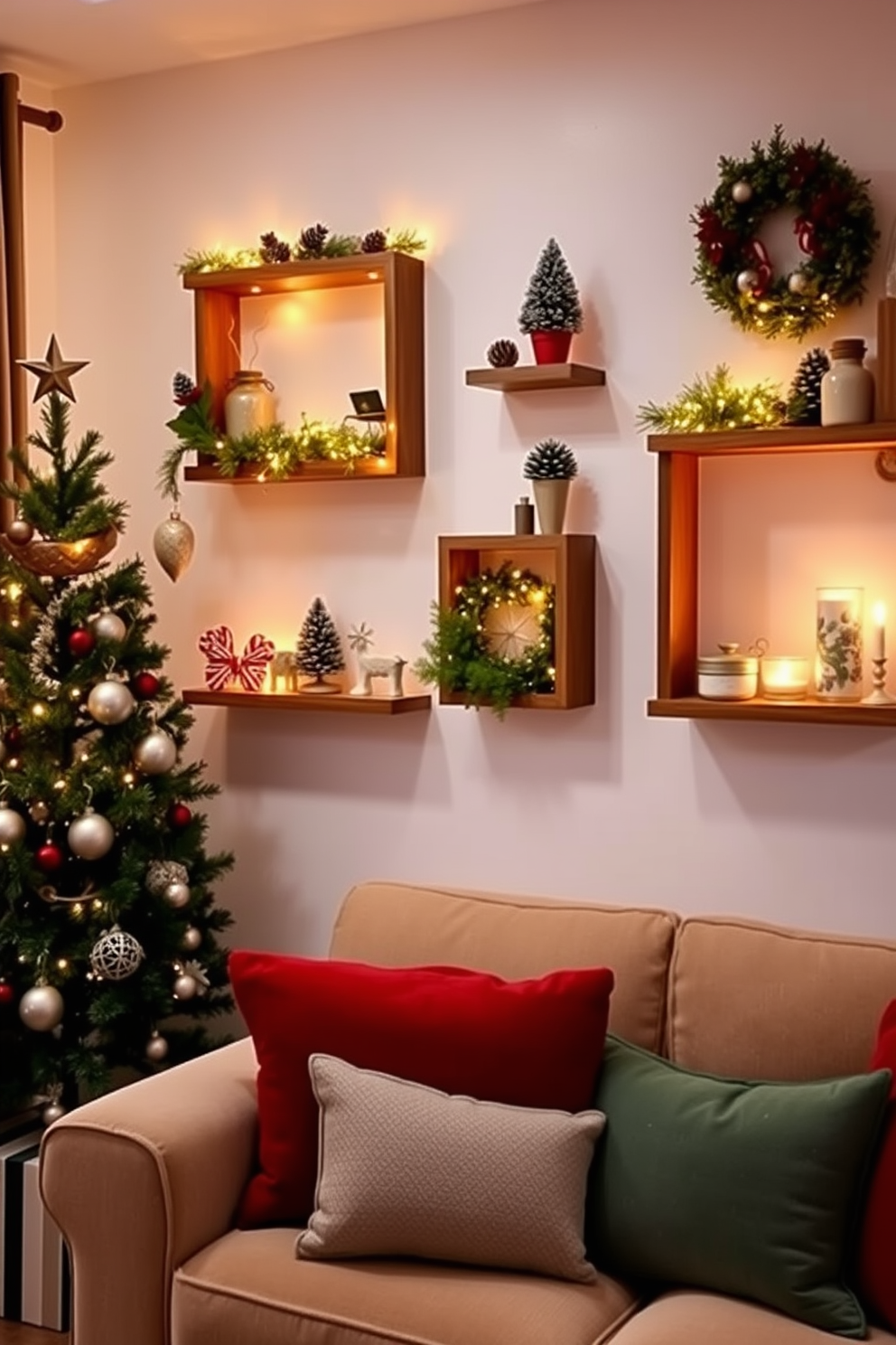 A cozy living room adorned with holiday-themed throw pillows in vibrant red and green hues. The space features a compact sofa, a small coffee table, and a festive garland draped across the mantelpiece.