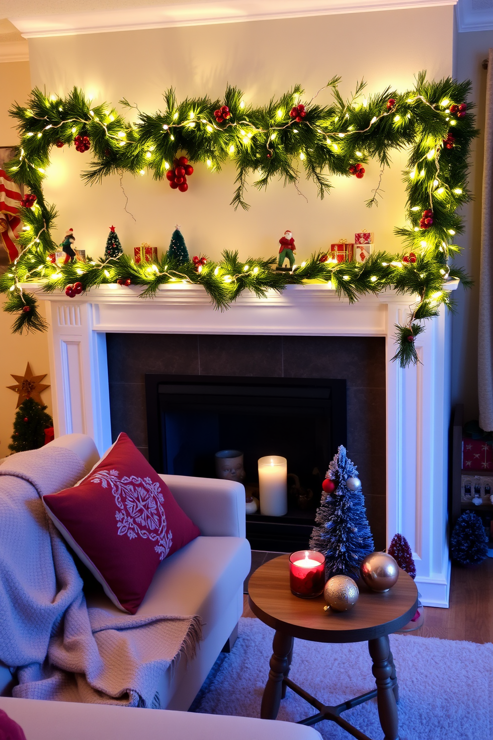 A cozy living room adorned for the holidays features a beautifully decorated mantle with a lush green garland intertwined with twinkling fairy lights and red berries. The space is accented with small festive decor items such as miniature Christmas trees and candles, creating a warm and inviting atmosphere. The seating area includes a compact sofa draped with a soft throw blanket and festive cushions, perfect for enjoying the holiday spirit. A small coffee table is topped with seasonal ornaments and a fragrant candle, enhancing the charm of this small space Christmas setting.