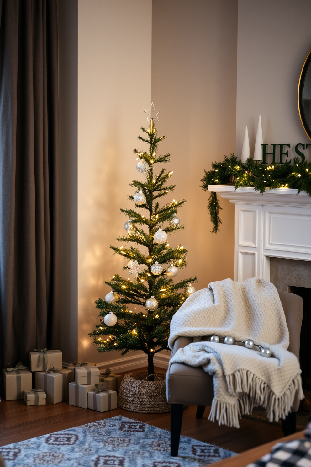 A cozy living room adorned for the holidays. A small table is decorated with pine cones and fresh greenery, creating a warm festive atmosphere. The walls are draped with soft white lights, enhancing the charm of the space. A plush armchair is accented with a red throw blanket, inviting relaxation during the holiday season.