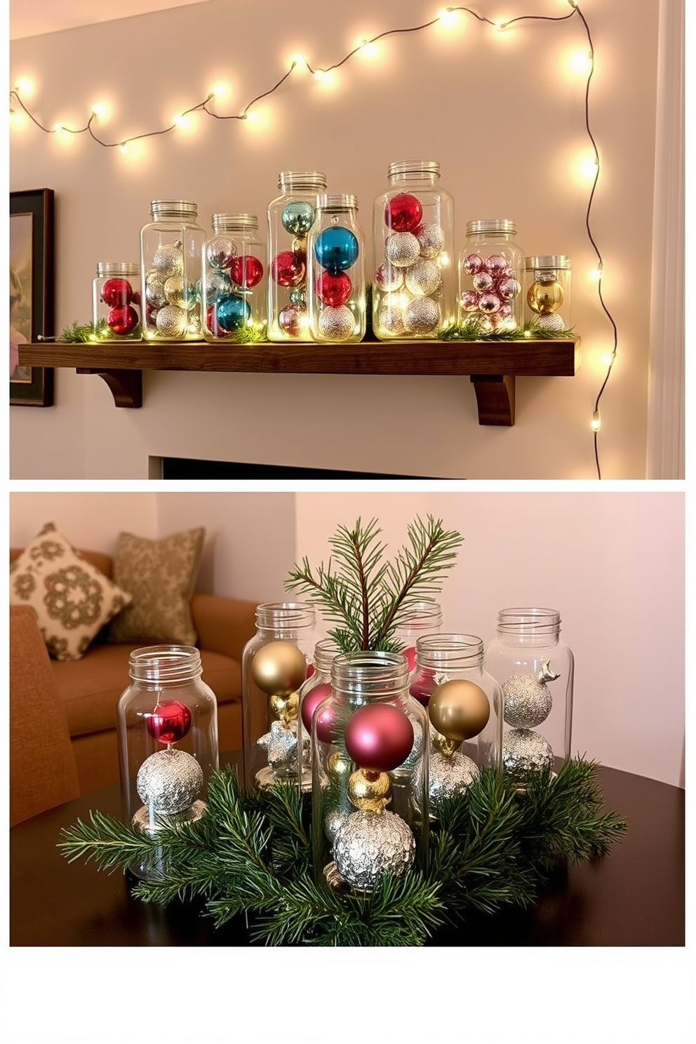 A cozy living room adorned for the holidays. The window sills are lined with festive decorations, featuring small potted poinsettias, twinkling fairy lights, and handcrafted ornaments. The space is filled with a charming Christmas tree that stands in the corner, decorated with colorful baubles and a star on top. Stockings hang from the mantle, adding a touch of warmth and cheer to the small but inviting area.