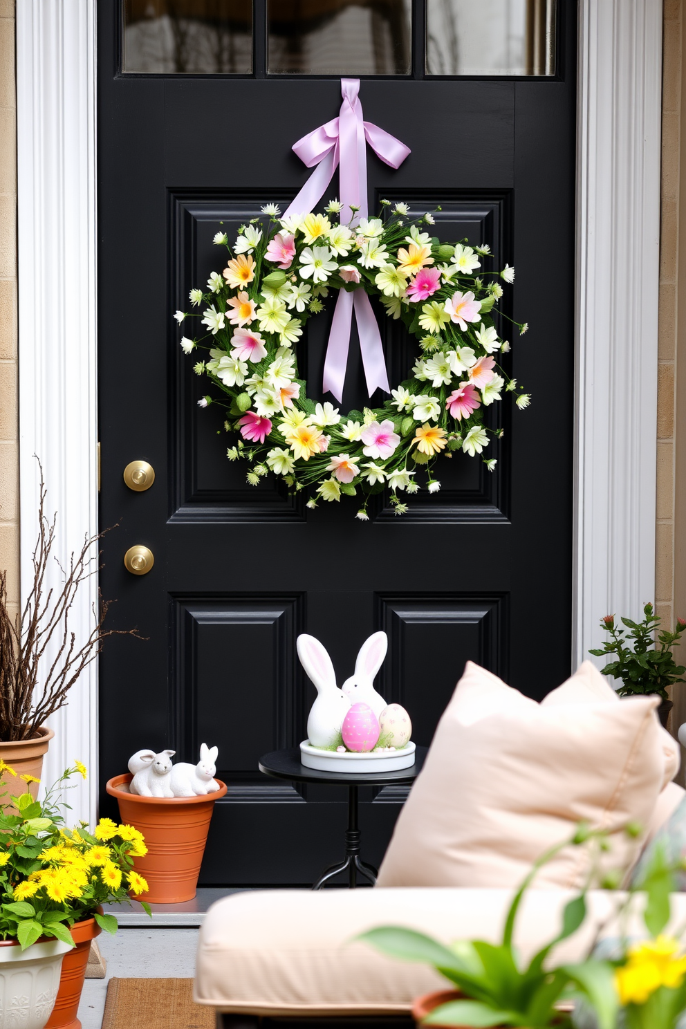 A beautifully crafted Easter wreath adorns the front door, featuring vibrant pastel flowers and delicate ribbons that evoke the spirit of spring. Surrounding the door, potted plants and subtle decorations create a welcoming atmosphere, enhancing the festive charm of the entryway. Inside the small space, clever decorating ideas include minimalist Easter-themed accents such as a small tabletop arrangement of eggs and bunnies. Soft, pastel-colored throw pillows on the sofa and a cheerful table setting complete the cozy yet festive ambiance.