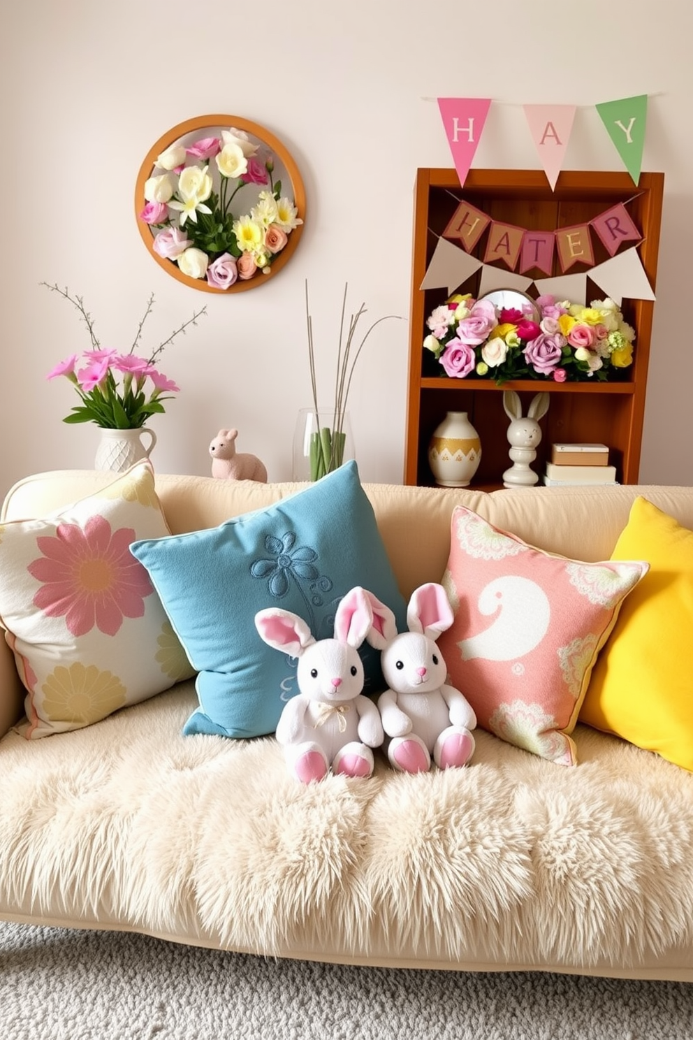 A cozy living room featuring a plush sofa adorned with colorful cushions and two adorable stuffed bunnies nestled comfortably among them. The space is brightened by pastel decorations, with Easter-themed accents like floral arrangements and cheerful banners enhancing the festive atmosphere.