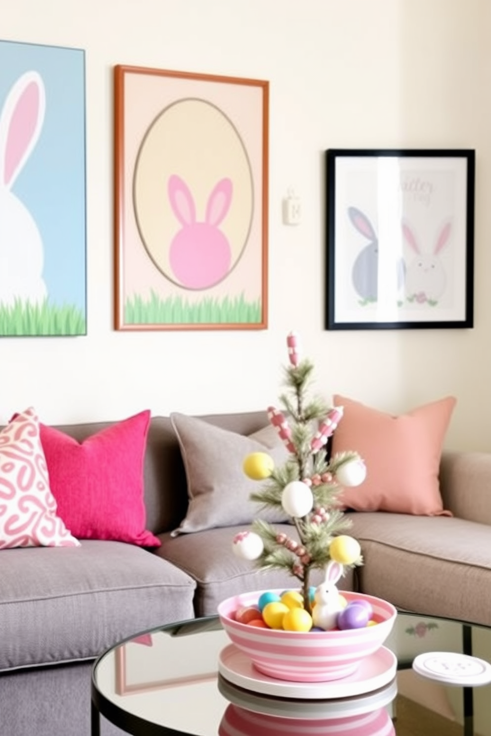 A charming Easter tree stands in the corner of a cozy living room. The branches are adorned with colorful decorated eggs, creating a festive atmosphere. In a small space, a delicate table is set with pastel-colored decorations. A few strategically placed Easter-themed accents enhance the cheerful ambiance without overwhelming the area.