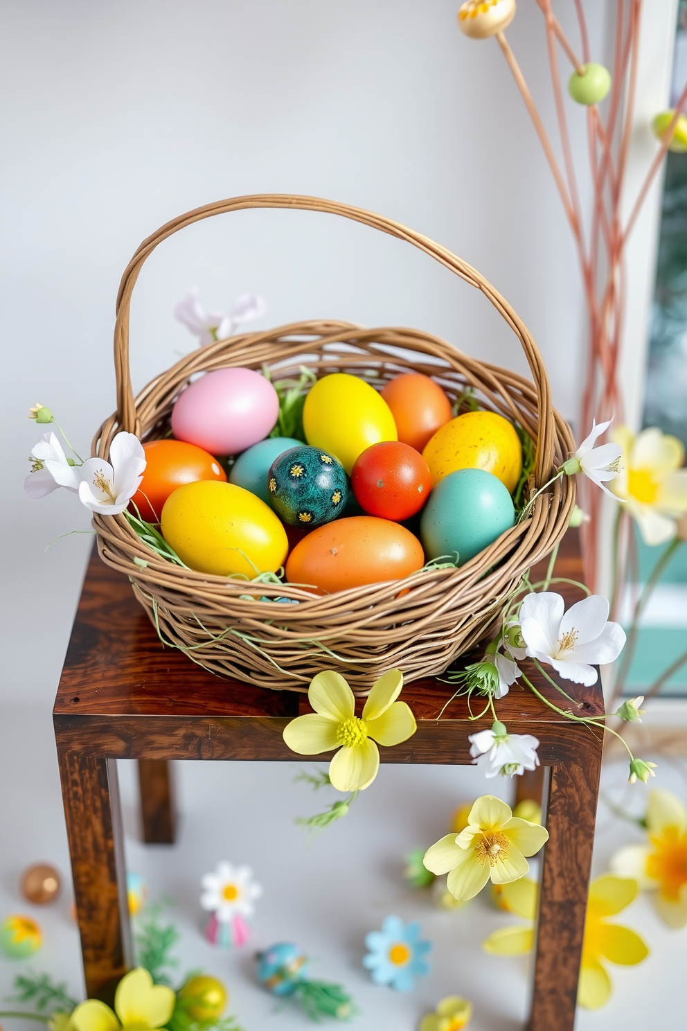 Small baskets filled with faux grass are arranged on a delicate pastel tablecloth. Each basket is adorned with colorful eggs and small decorative bunnies, creating a whimsical and festive atmosphere. The baskets are placed on a side table next to a cozy armchair, enhancing the charm of the small space. Soft lighting from a nearby lamp casts a warm glow, inviting guests to enjoy the cheerful Easter decor.