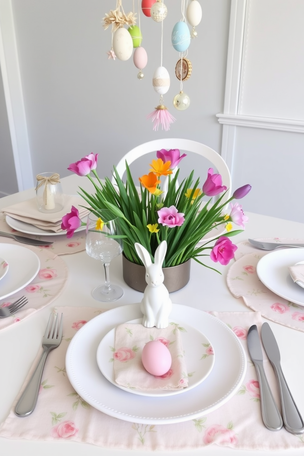 Spring themed placemats for dining setup featuring a pastel color palette with floral patterns. The placemats are made of soft fabric and are complemented by elegant dinnerware and vibrant spring flowers in the center. Small space Easter decorating ideas that include a minimalist table arrangement with a small bunny figurine and colorful eggs. The decor utilizes vertical space with hanging decorations and a compact centerpiece that adds a festive touch without overwhelming the area.