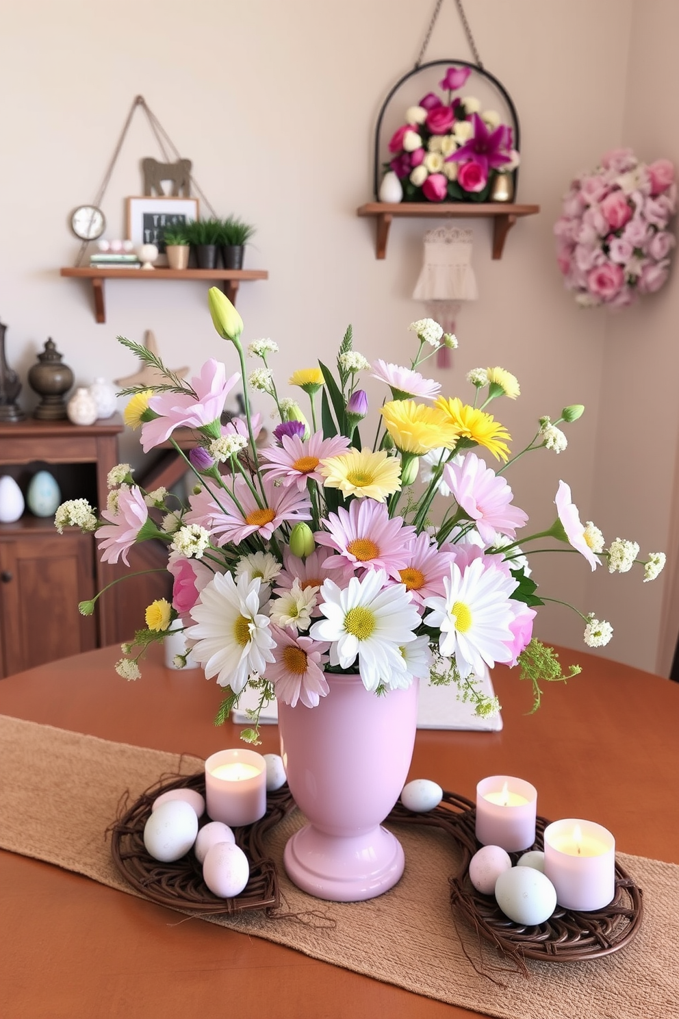 Easter centerpiece featuring a variety of fresh flowers arranged in a pastel-colored vase. Surrounding the centerpiece are decorative elements like small painted eggs and soft candlelight to create a warm, inviting atmosphere. Creative small space Easter decorating ideas that utilize vertical space effectively. Incorporate wall-mounted shelves adorned with seasonal decor and hanging flower arrangements to maximize visual interest without cluttering surfaces.