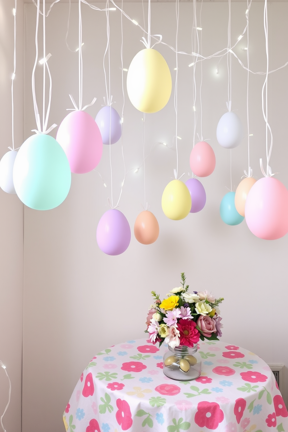 Hanging egg decorations are suspended from the ceiling, creating a whimsical and festive atmosphere. Soft pastel colors dominate the eggs, adding a cheerful touch to the small space. The decorations are complemented by delicate string lights that twinkle gently overhead. A small table adorned with a colorful tablecloth features a centerpiece of spring flowers, enhancing the overall seasonal theme.