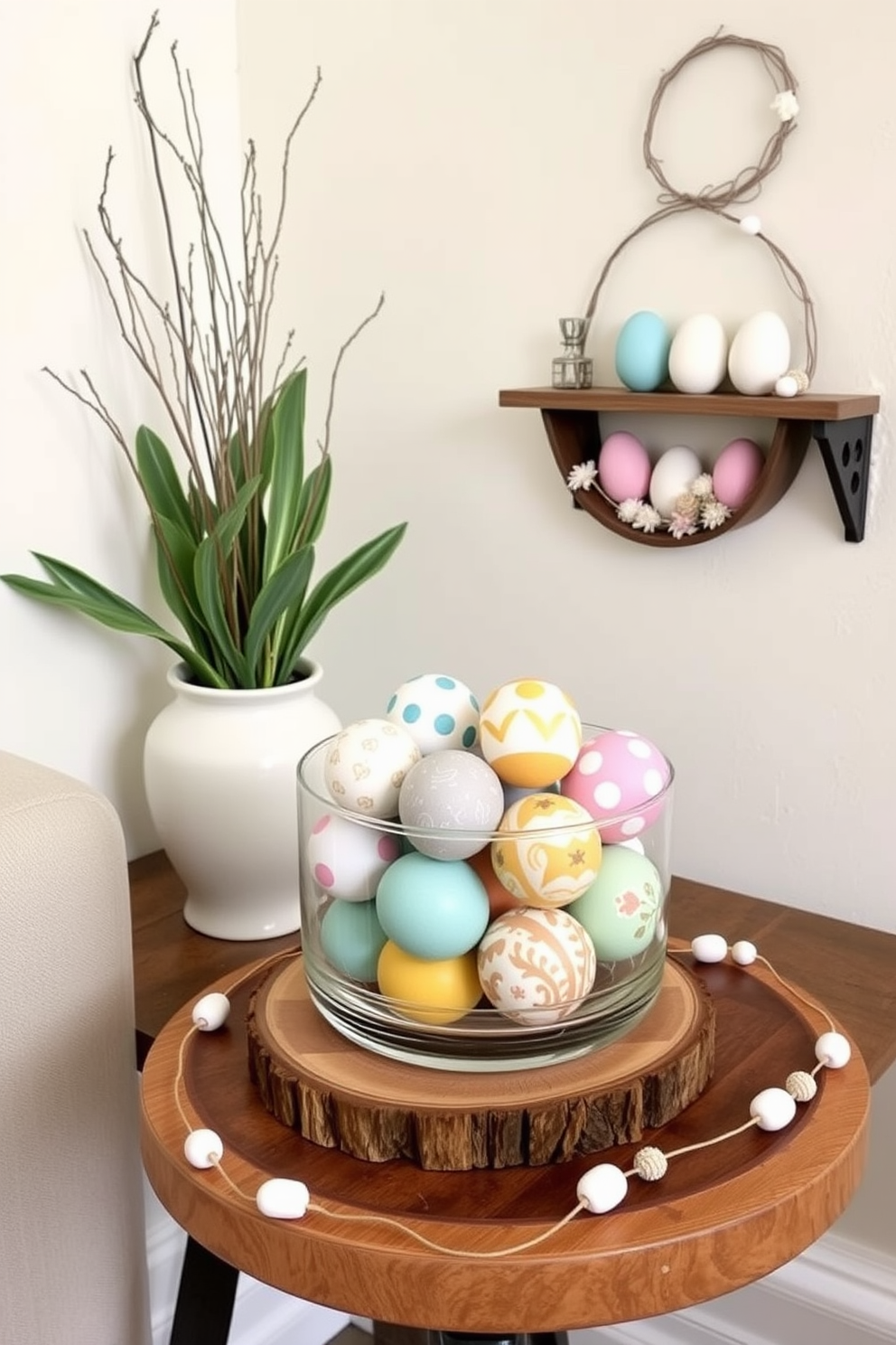 A collection of DIY painted eggs is displayed in a clear glass jar, showcasing a variety of vibrant colors and intricate designs. The jar is placed on a rustic wooden table, surrounded by soft pastel decorations that evoke a cheerful Easter ambiance. In a cozy corner of a small living space, a simple yet charming Easter display is created using minimal decor. A small wreath made of twigs and flowers hangs on the wall, complementing the delicate arrangement of painted eggs on a nearby shelf.