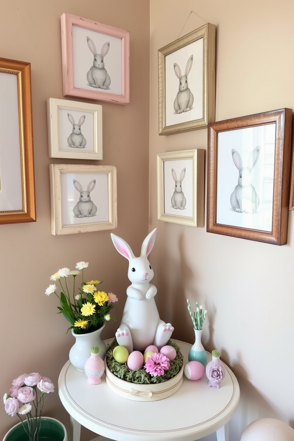 Charming bunny prints in picture frames adorn the walls, bringing a playful touch to the room. The frames are arranged in a gallery style, creating a focal point that draws the eye and adds personality to the small space. Easter decorations are thoughtfully placed throughout the area, featuring pastel-colored accents and whimsical elements. A small table is set with a decorative bunny centerpiece, surrounded by colorful eggs and fresh flowers, enhancing the festive atmosphere.