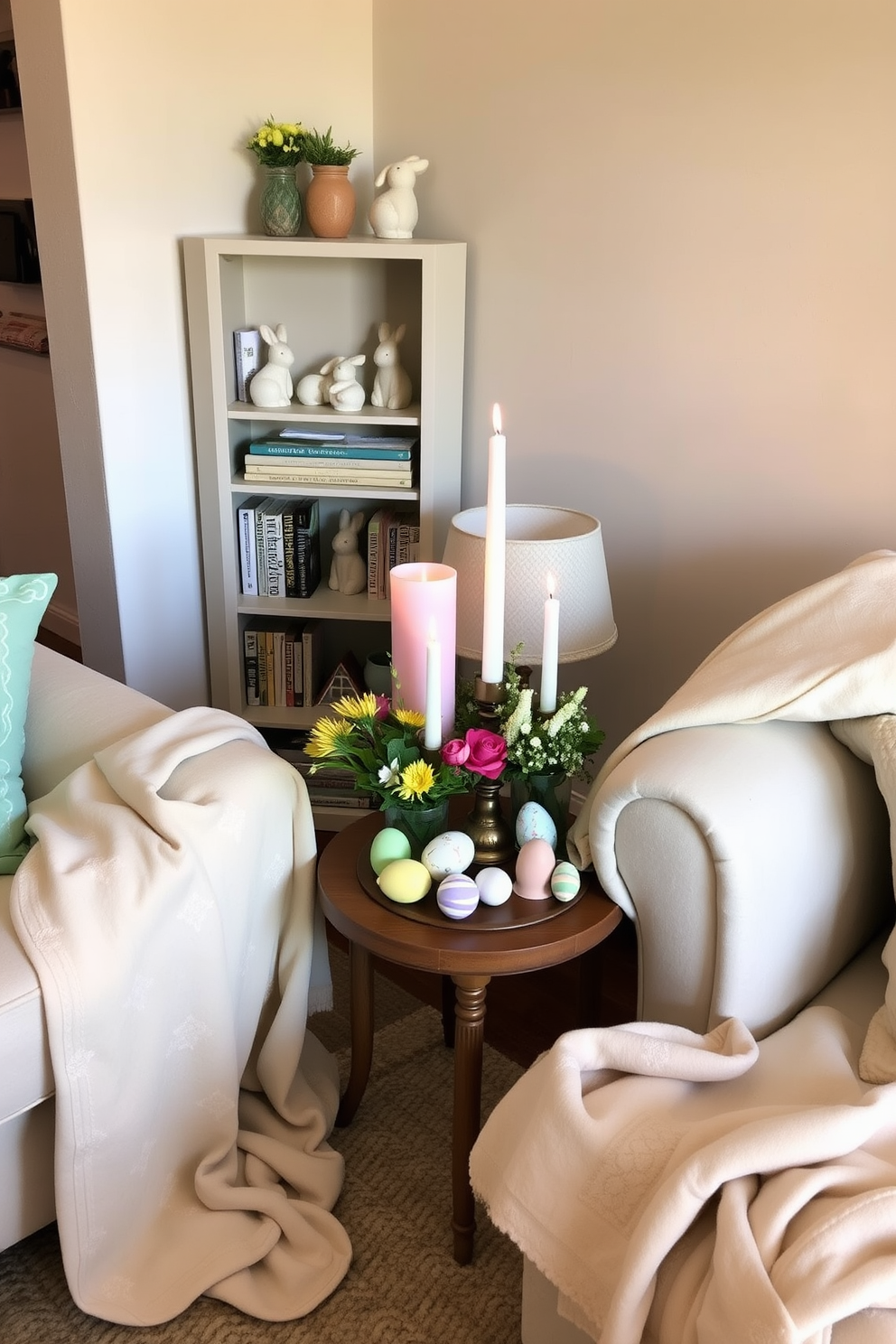 A cozy living space adorned with seasonal scents from Easter-themed candles. The candles are artfully arranged on a small wooden table, surrounded by pastel-colored decorative eggs and fresh spring flowers. In the corner, a compact bookshelf displays a collection of whimsical bunny figurines and seasonal books. Soft, light fabrics drape over the furniture, creating an inviting atmosphere perfect for celebrating the holiday.