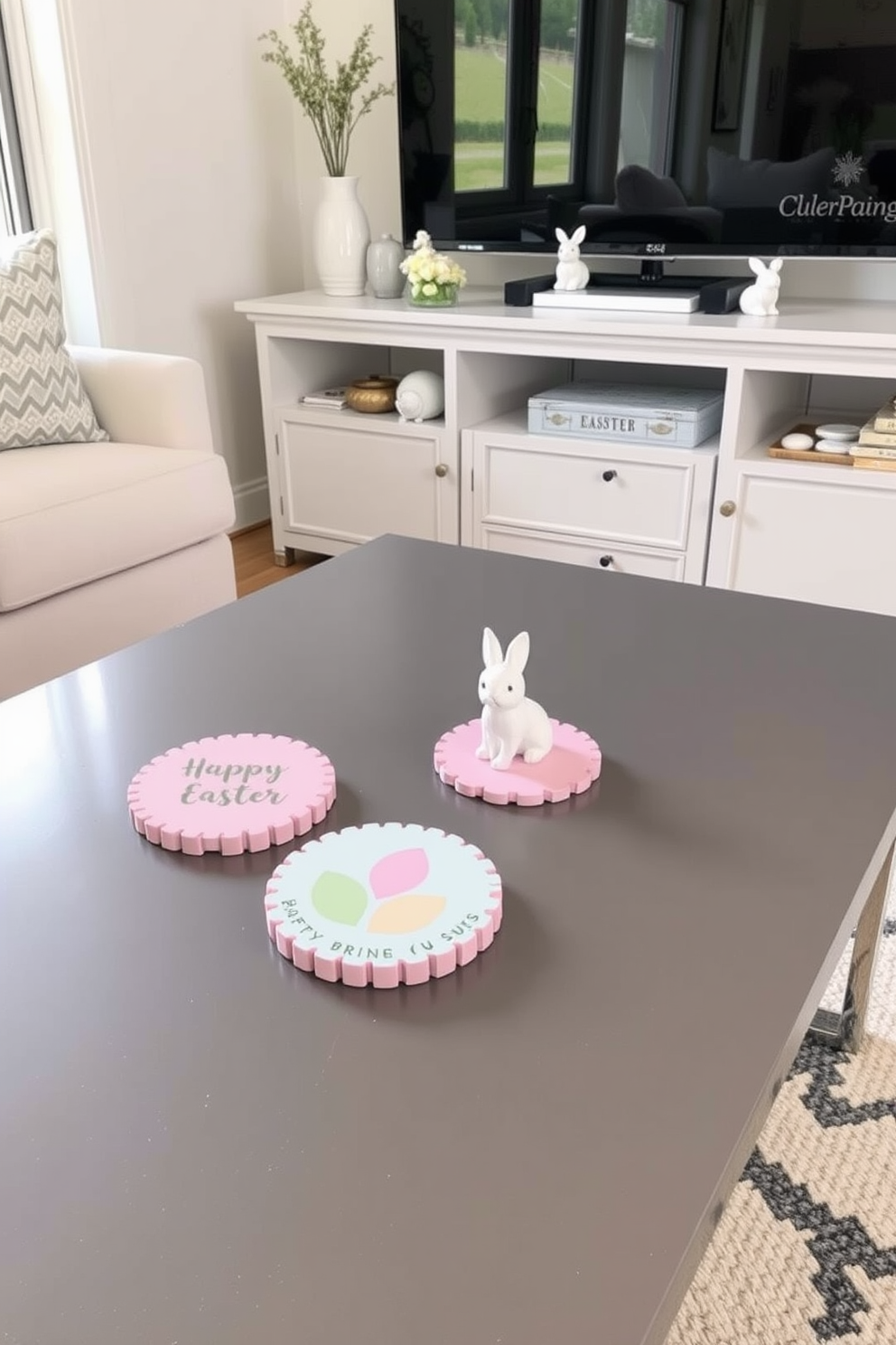 Easter-themed coasters are beautifully arranged on a sleek coffee table. The coasters feature pastel colors and playful designs, adding a festive touch to the living space. In this small space, creative Easter decorating ideas transform the area with charm. Delicate decorations like bunny figurines and spring flowers enhance the cozy atmosphere without overwhelming the room.