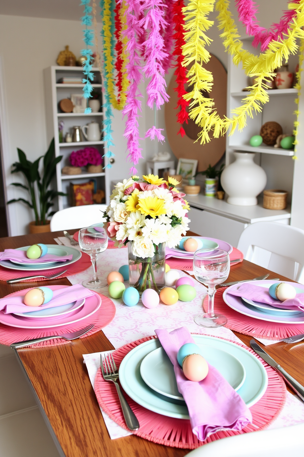 A vibrant table setting adorned with pastel-colored plates and napkins featuring charming egg accents. The centerpiece showcases a delightful arrangement of flowers, while decorative eggs in various hues are scattered artfully across the table. Creative small space Easter decorating ideas include hanging colorful garlands from the ceiling to add a festive touch. Utilize vertical space by placing decorative items on shelves and using multi-functional furniture to maximize the area.